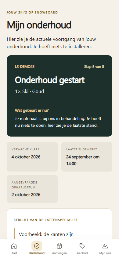 Scherm uit Mijn Lattenspecialist met de onderhoudsstatus, verwachte gereeddatum en een bericht over het onderhoud.